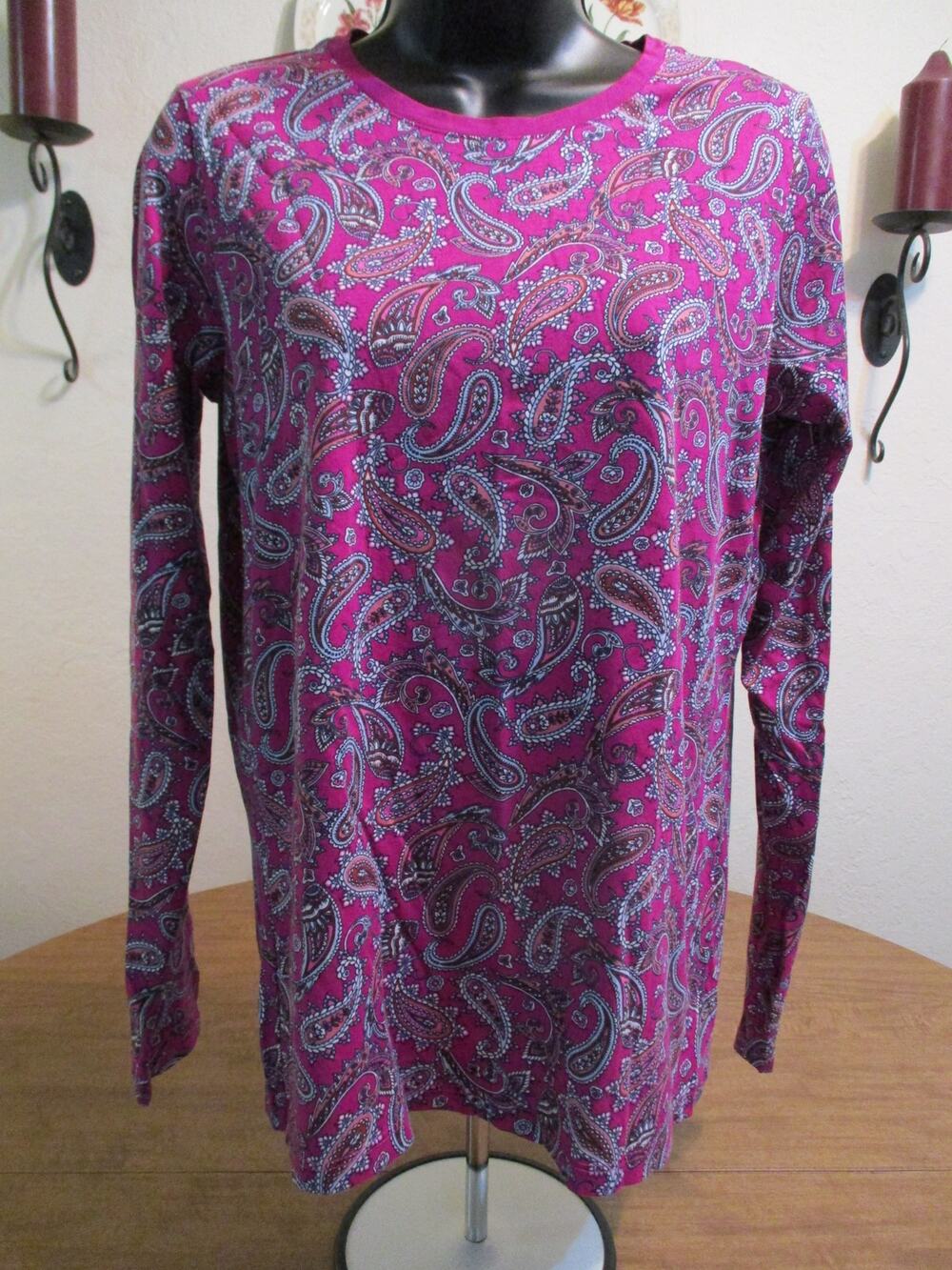 LANDS END WOMENS LONG SLEEVE PULLOVER MAGENTA PAISLEY SHIRT S